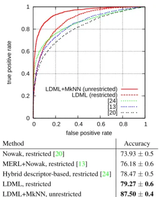 Figure 4. Examples of positive pairs correctly classified using the MkNN classifier with LMNN as a base metric, but wrongly  clas-sified using the LMNN metric alone.