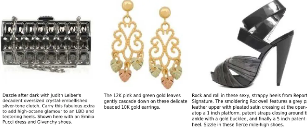 Fig. 2. Example input data (images and associated textual descriptions). Notice that the textual descriptions are general web text, unconstrained and quite noisy, but often provide nice visual descriptions of the associated product.