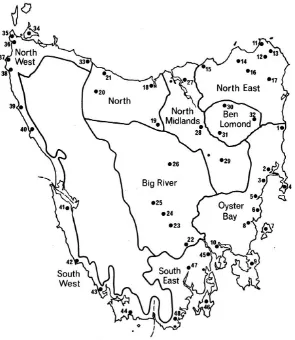 Figure 2-4 Tasmanian Aboriginal tribal boundaries  – numbers refer to band territories (Ryan, 1996: 15) 