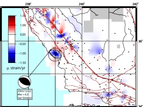 Fig. 6. Continuous dilatation rate ﬁeld (see colorbar) of westerncentral California calculated from interseismic velocities, wherenegative values indicate compression and positive values extension.Black circles indicate site positions and brown lines known