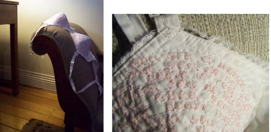 Figure  8:  Sue  Jackson,  Restrained  Memory  (including  detail),  2011,  vintage  cotton  bra,  thread,  dimensions variable. 