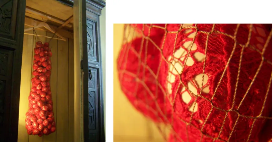 Figure 9: Sue Jackson, Primordial Vessel (including detail), 2011, thread, vintage lace, egg shells, dimensions variable. 