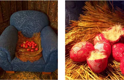Figure 11: Sue Jackson, Hysterics Bower (including detail), 2011, vintage lace, thread, egg shells, rabbit fur, glue, organic nest matter, dimensions variable. 