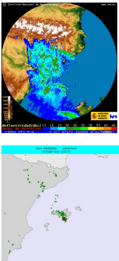 Fig. 5.   IR MSG images on 4 October 2007 at 05:12 UTC (left) and14:12 UTC (right). Colours indicate temperatures.