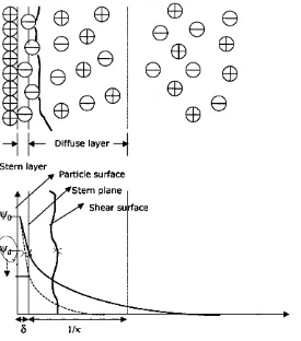 FIG. 2.1. The structure of the electric double layer according to Stern theory; The electrical potential, V’d, is changed depending on the concentration of indifferent electrolyte