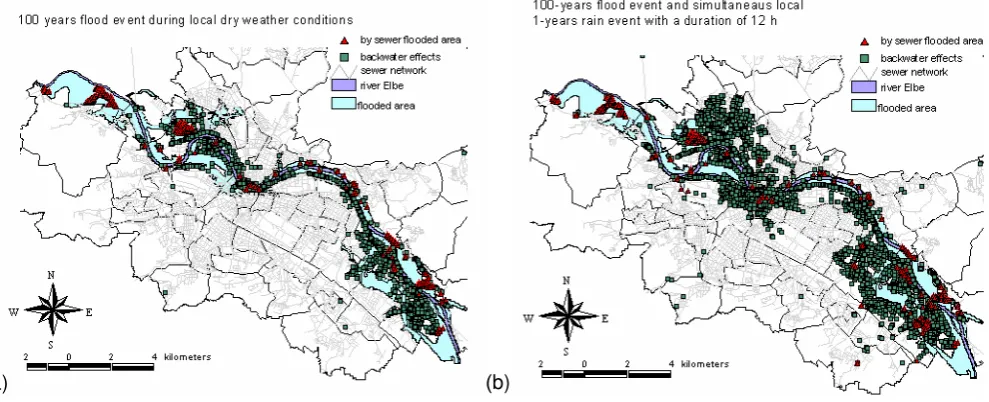 Figure 9. Backwater effects and flooded areas during a 100-year flood event in 
