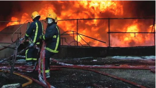 Figure 4 Firefighters tackle a blazing tank at Buncefield © Hertfordshire County Council  15  The severity of the explosion was far greater than could reasonably have been  anticipated based on knowledge at the time and the conditions at the site