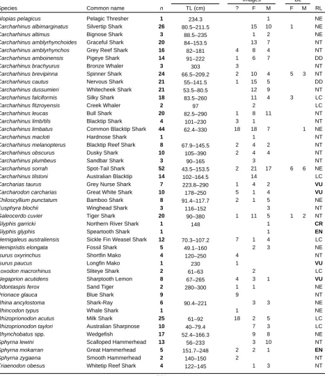 Table 2.2 All specimens collected for the ‘known’ fin category. For each species the total number of specimens (nfor those specimens with accompanying length data, the size range (total length in cm) is shown