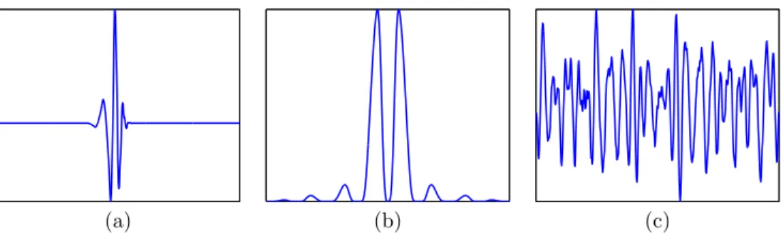 Fig. 1.1. (a) A signal x 0 consisting of a single Daubechies-8 wavelet. Taking samples at random locations of this wavelet will not be an effective acquisition strategy, as very few will be located in its support