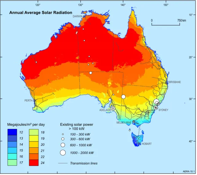 Figure 10.1 Annual	average	solar	radiation	(in	MJ/m 2 )	and	currently	installed	solar	power	stations	with	a	capacity	  of	more	than	10	kW Source: Bureau	of	Meteorology	2009;	Geoscience	Australia •	 Relatively	high	capital	costs	and	risks	remain	 the	primar