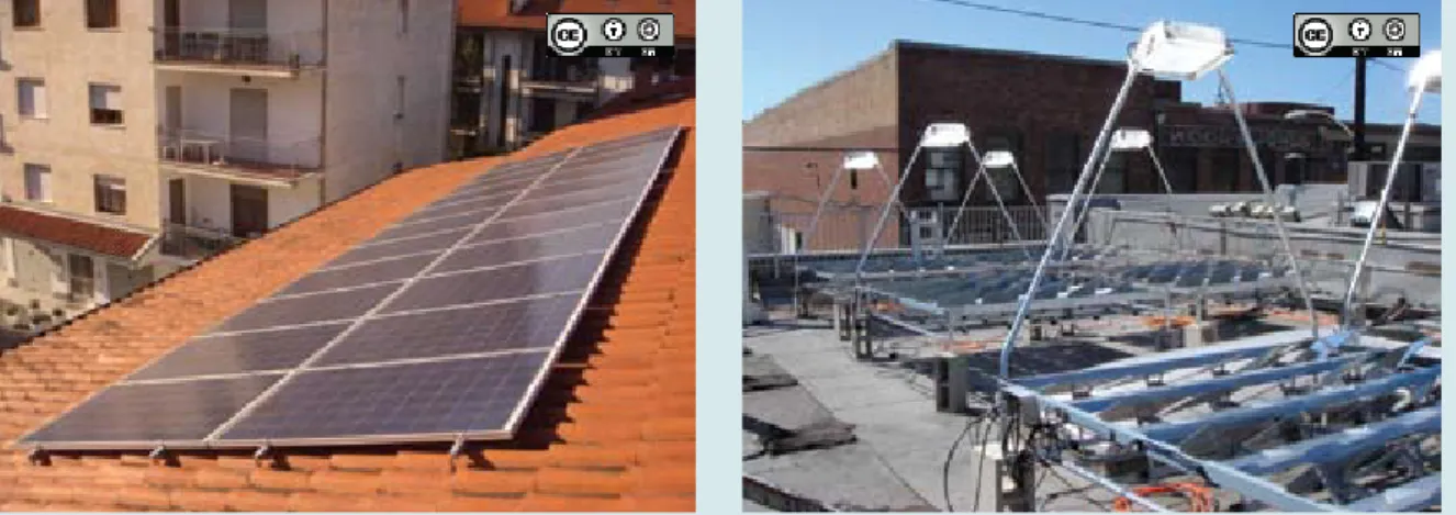 Figure 10.25 (a)	Example	of	a	rooftop	PV	system. (b)	A	schematic	concentrating	PV	system,	where	a	large	number	of	 mirrors	focus	sunlight	onto	central	PV	receivers