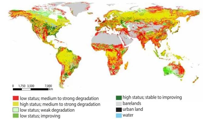Figure 2.10  Status of land in regard to capacity of ecosystem services, degradation  and direction of changes