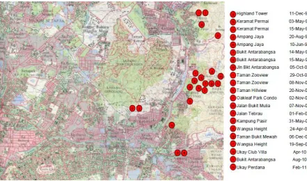 Figure 1. Specific Locations of the 21 Historical Rainfall-induced Landslides in Hulu Kelang Area from 1990 to 2011 (Map 