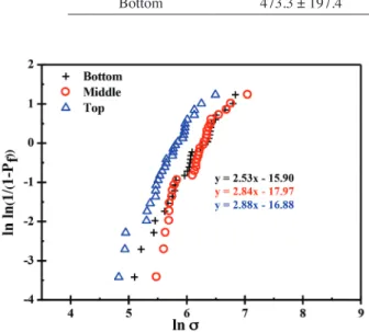 FIGURE  7. Weibull plot of strength distribution of  PALF extracted from different positions of pineapple leaves
