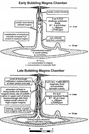 Figure 1-3 Different stages of magma bubbling chamber The early stage is characterised by exolusion of copper-poor fluid and rising of magma in the middle of the column; sidewall magma is cool and dense