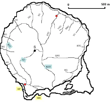 Figure 9: Map of Mokoia Island showing the main tracks (Blue labels: RIT = Round the Island track; ST = Summit track; KGT = Kumara God track); focal sites (cream labels (HP = Hinemoa’s hot pool; and MH = Maori hut); gullies (AG = A gully; AG = A gully; BG 