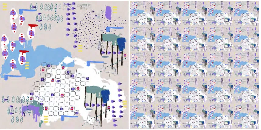 Figure 7: Mairi Ward, Play, 2010, digital repeat: left, individual repeat; right, example of the design repeated  