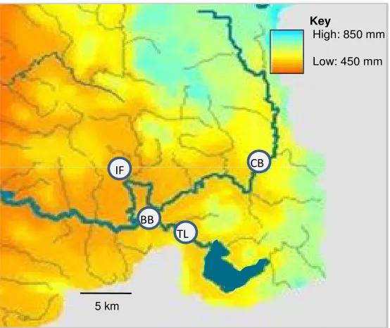 Fig. 2.3 Mean annual rainfall (mm) distribution across the upper Macquarie catchment. The driest areas are indicated by red tones, blue tones indicate the highest rainfall areas
