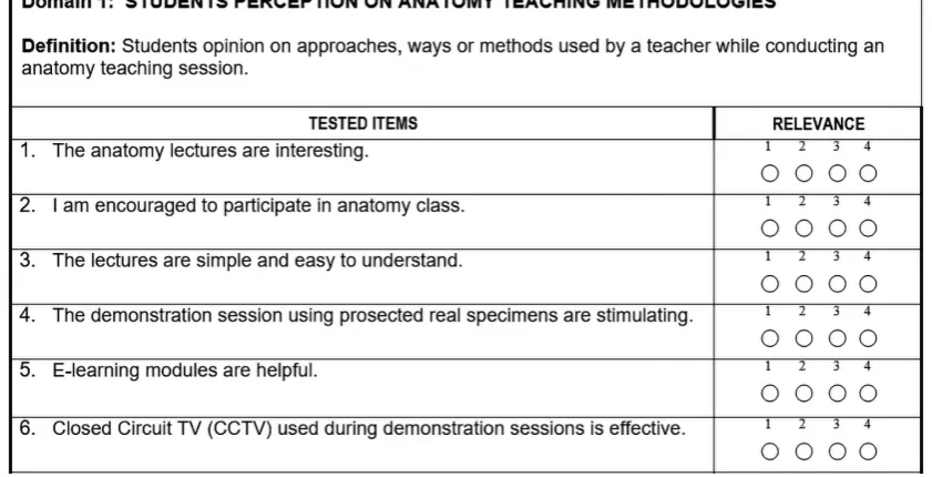 Figure 2: An example of layout for content validation form with domain, its definition and items represent (measure) the domain.