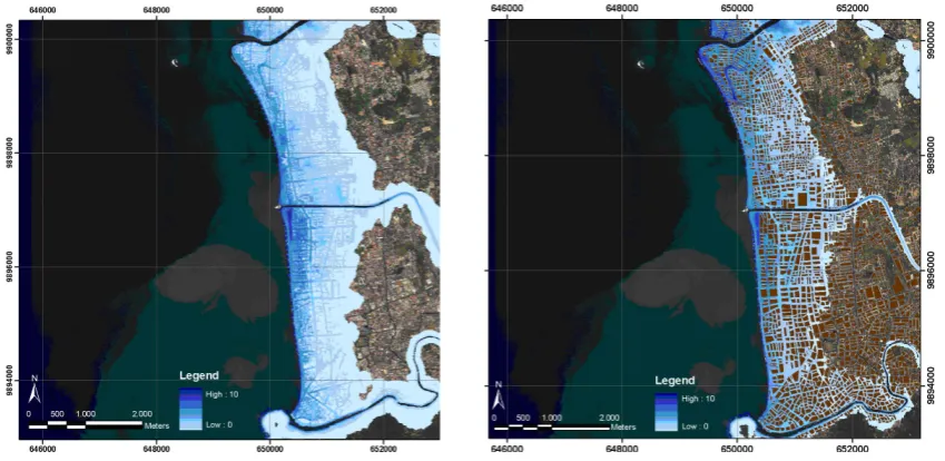 Fig. 6. Exemplary ﬂood extent maps for the different modeling strategies applied. Left: Maximum inundation depth [m] for a model withdigital surface model; Right: Maximum inundation depth [m] for a model using a medium resolution house mask derived from remotelysensed data.