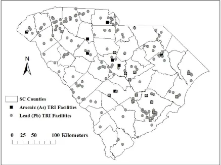 Figure 3.1 Locations of arsenic- (As) and lead- (Pb) emitting Environmental Protection Agency (EPA) Toxics Release Inventory (TRI) facilities reporting releases in South Carolina from 1996-2011