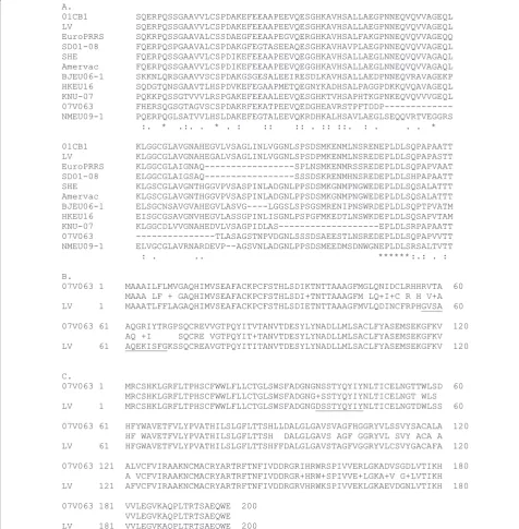 Figure 2 Alignment of Nsp2, ORF4 and ORF5 proteins from 07V063 with LV (ORF4 and ORF5) and a selection of genotype 1 strains(Nsp2)