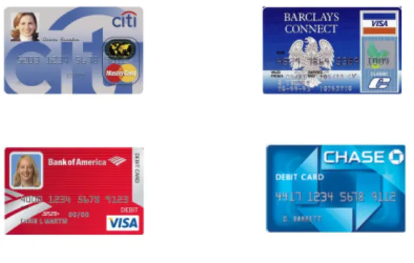 Figure 6: Stimuli for the debit card experiment. Each card was shown separately, full-screen, for the short stimulus duration.