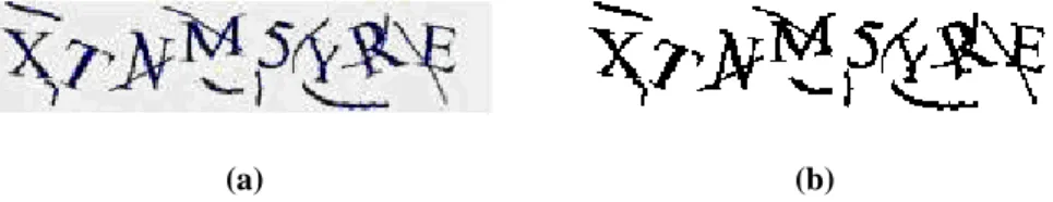 Fig 2. Binarization. a) original image, b) binarized image. (This sample is taken from [8], in which  its resistance to segmentation is ranked by Microsoft as “hard”, the highest level among all examples