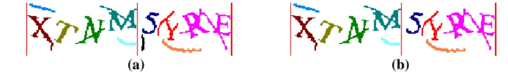 Fig 10. Arc removal - discriminative feature checking. (a) output from color filling; (b) an arc in  the second chunk is removed