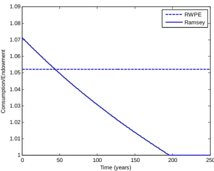 Figure 6: Ramsey and time-variant RWPE paths for consumption paths of low-income agents
