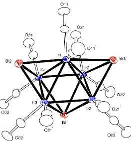 Figure 2.3 An ORTEP diagram of the molecular structure of Ir5(CO)10(μ3-Bi)2(μ4-Bi), 2.2, showing 30% thermal probability
