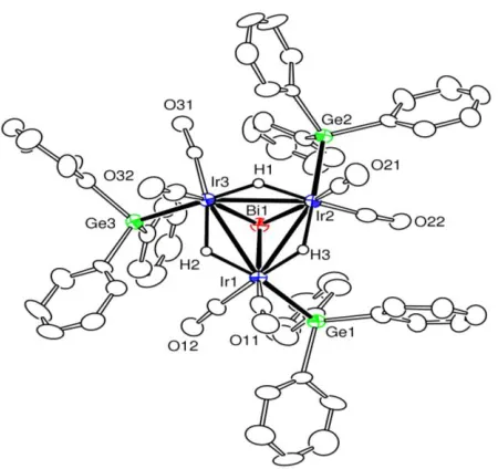 Figure 3.8 An ORTEP diagram of the molecular structure of Ir3(CO)6(GePh3)3(µ3-Bi)(µ-H)3, 3.2 showing 30% thermal ellipsoid probability