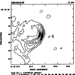 Figure 2.5: 2cm continuum map of cometary UCHii region G29.96-O.02 overlaid with the location of the water maser emission (crosses) (Hofner & Churchwell, 1996)