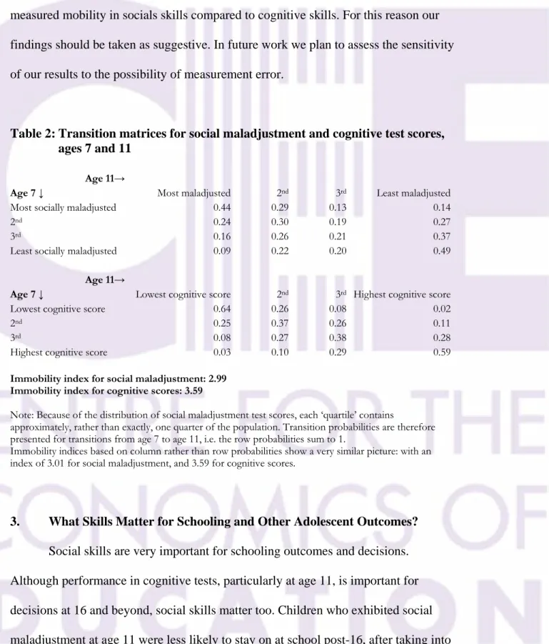 Table 2: Transition matrices for social maladjustment and cognitive test scores,  ages 7 and 11  