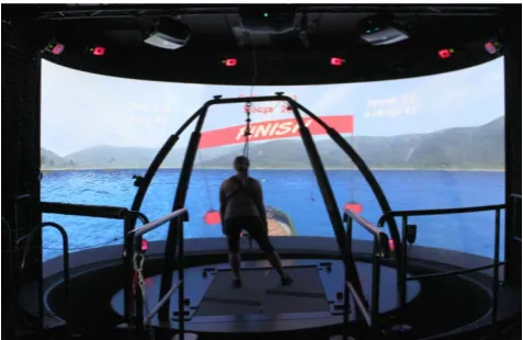Figure 1. A subject navigates a boat through a virtual scene in the CAREN. 