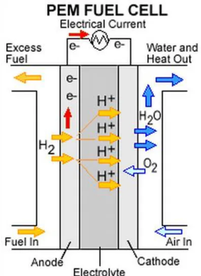 Figure 1.1: The basic operation of a fuel cell using hydrogen as fuel and air as oxidant 14  