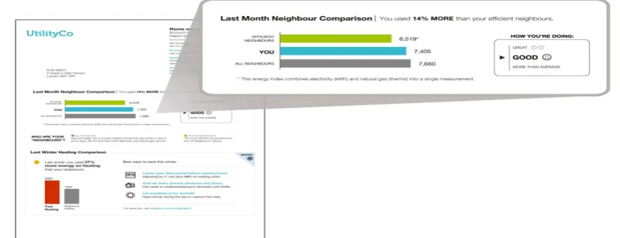 Figure 4: A sample energy bill sent by company Opower to consumers that displays the energy consumed along with embedded nudges towards more energy-efficient future behaviour