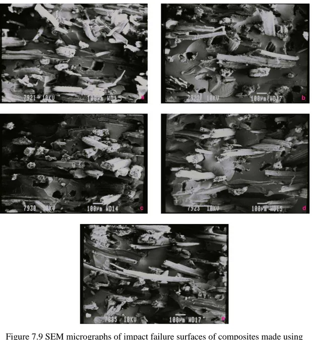 Figure 7.9 SEM micrographs of impact failure surfaces of composites made using  various processing conditions at 22.5 % fibre volume fraction 
