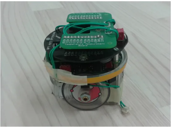Figure 1: e-puck with the extension board (on top) and a temperature sensor (at the left side slightly aboveground).