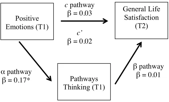 Figure 3.2. Conceptual model and parameter estimates for the relations between positive emotions, pathways thinking, and general life satisfaction over time