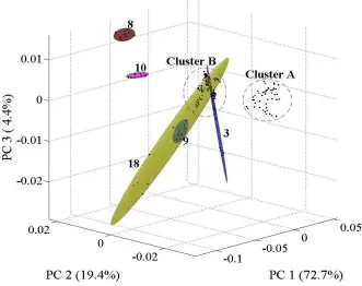 Figure 2.6 PCA scores plot of 39 brown polyester fibers with 95% elliptical confidence regions around clustered samples removed