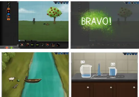Figure 1. The cMinds environment (http://cminds.org). (top right); exploration area for the river crossing puzzle Visual representation of commands (top left); rewards (bottom left); exploration area for the volume measurement puzzle (bottom right)