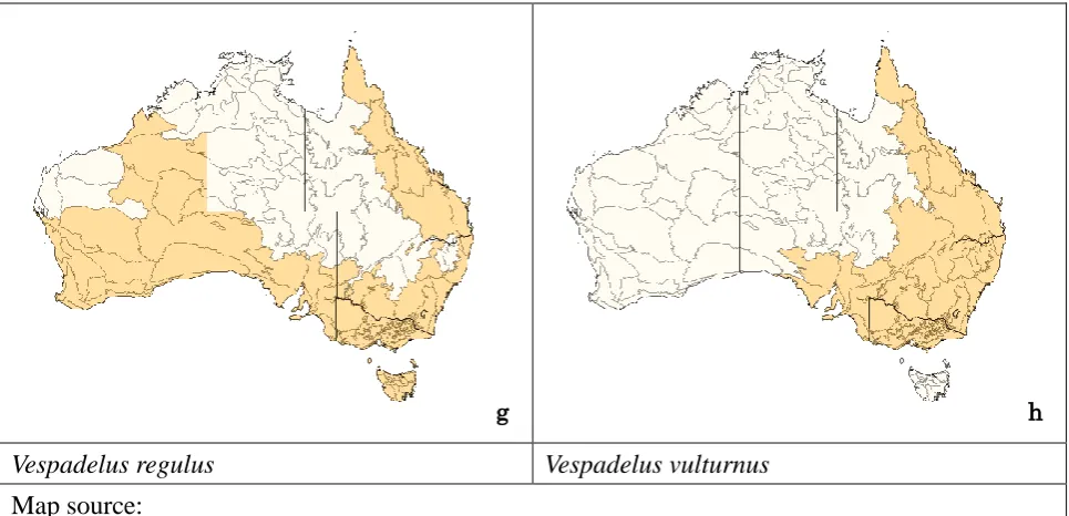 Figure 2.1 Tasmanian bats species and their conspecific mainland distribution in Australia