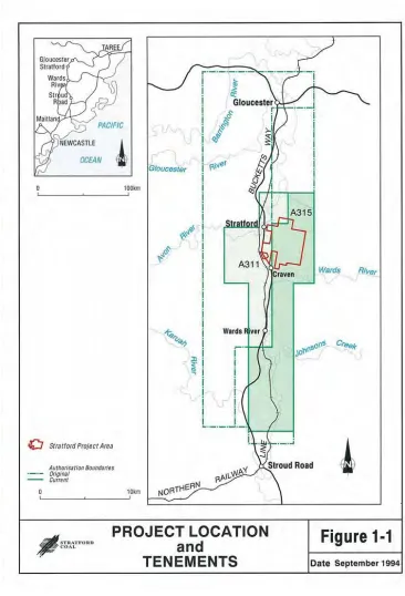 Figure 2.5: Location of original Stratford mine and exploration leases [Source (Ryan and Ellis, 1994)] 
