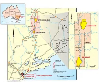 Figure 2.6: Gloucester Coal operations – image on right shows existing operations (yellow) and exploration leases (pink) [Source (Gloucester Coal, 2010c)] 