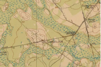 Figure 2.1 Geological map of Catholic Hill in 1918, showing its relative elevation above the surrounding swampland