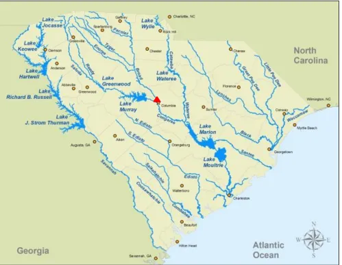 Figure 2.2. Map of South Carolina Lakes and Rivers. Reference map showing major waterways and bodies in South Carolina with the study area highlighted by a red triangle