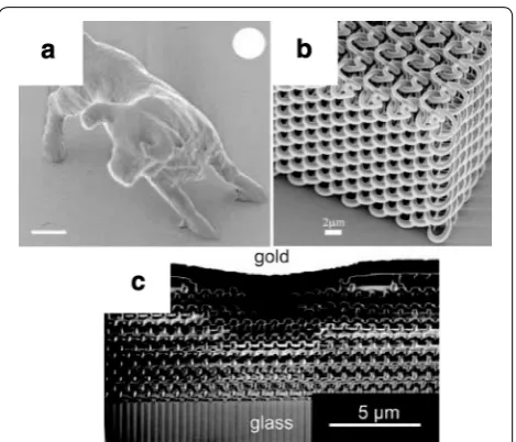 Fig. 3 Fabrication techniques for 3D polymer structures. Two-photon polymerization technique for a 3D nano-structures [35] and b 3D photonic crystal [38]