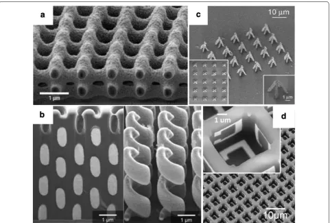 Fig. 4 Fabrication techniques for 3D metallic structures. a Silver chemical vapor deposition onto polymer template [50]