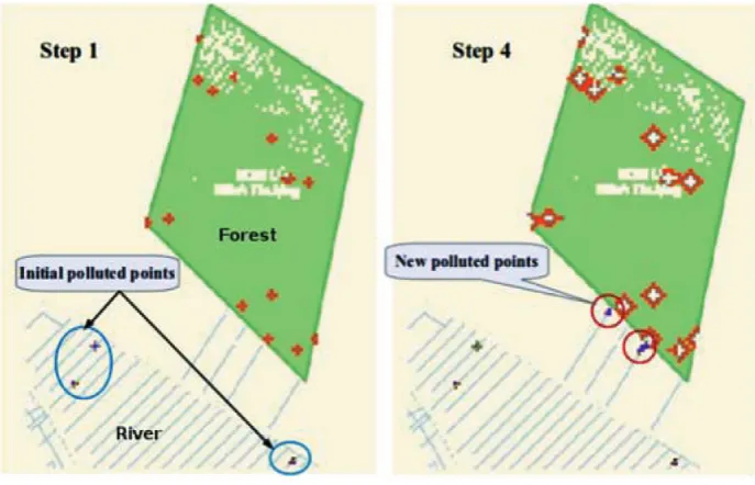Figure 1. Two regions marked with red circles representingnew pollution created by the ashes, which were formed from the forest fire.